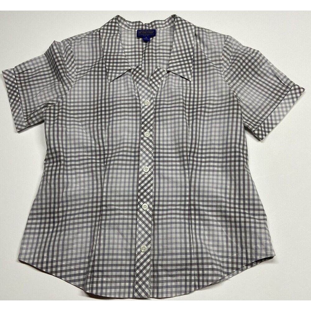 Pendleton Gingham Short Sleeve Button Down Fitted‎ Shirt - Gray Petite M